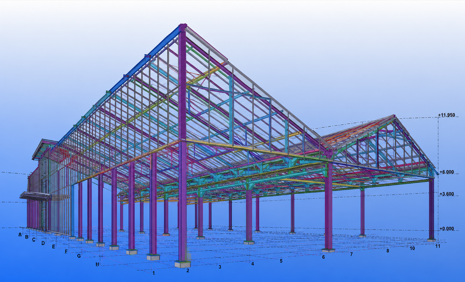 BIM-модель несущего каркаса с осями и отметками — раздел КЖ
