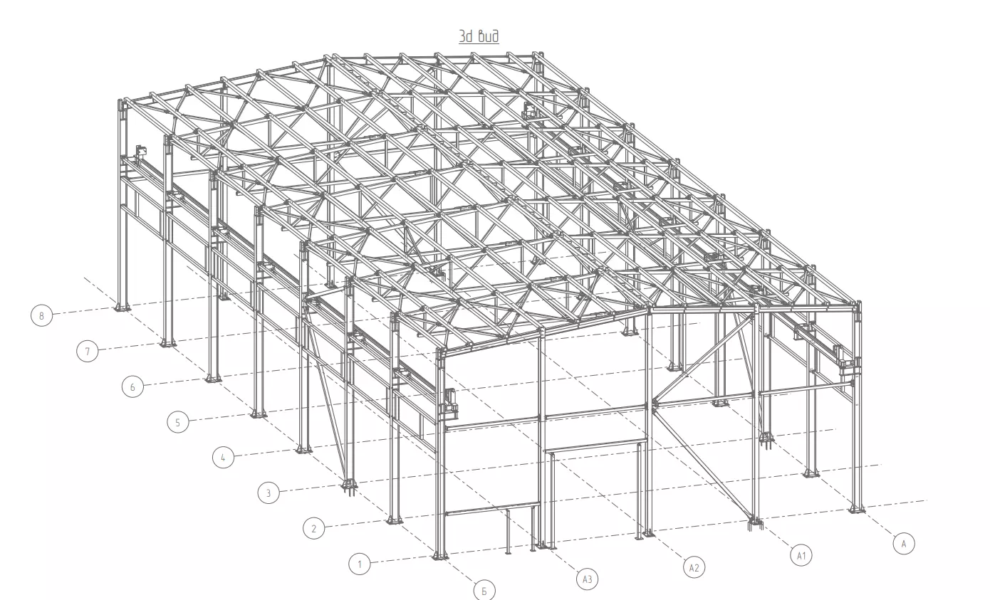 3D-вид металлокаркаса склада — проект склада в Мурманске