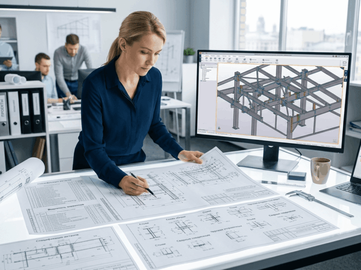 Инженер-конструктор изучает чертежи и 3D-модель для разработки состава документации КМД.